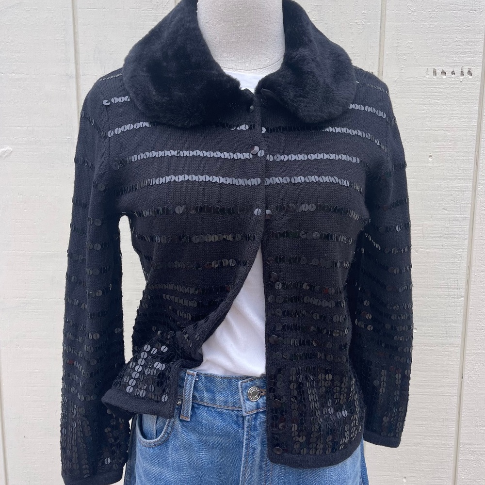 Elana Carello Black Sequin Sweater with Faux Fur Trim Size Small